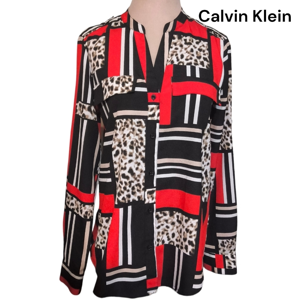 Calvin Klein Colorblock Red and Black Leopard Print Blouse